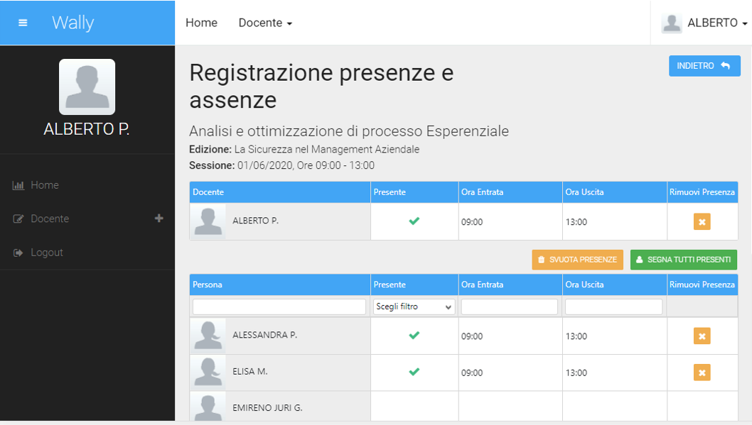 Area riservata docenti - registrazione presenze